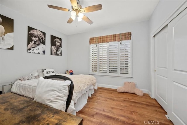 bedroom featuring wood-type flooring, ceiling fan, and a closet