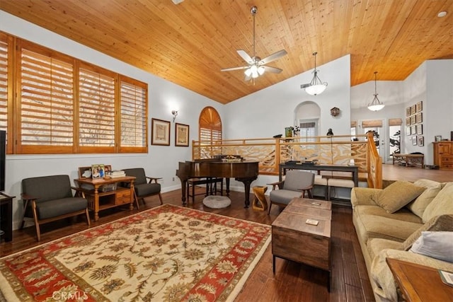 living room with high vaulted ceiling, dark wood-type flooring, wooden ceiling, and a healthy amount of sunlight