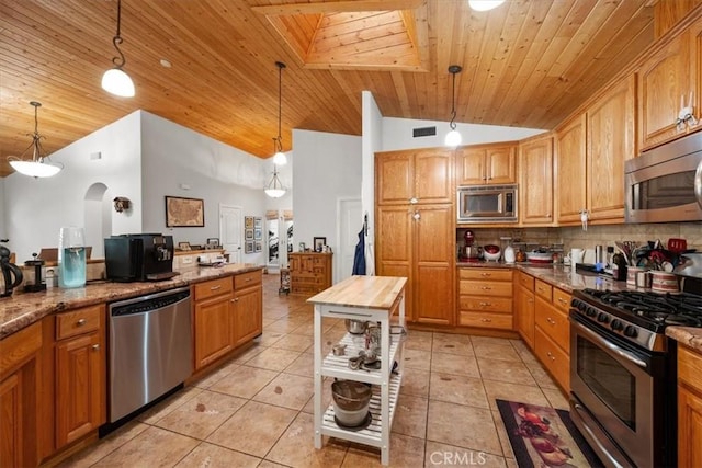 kitchen with hanging light fixtures, appliances with stainless steel finishes, wooden ceiling, and decorative backsplash