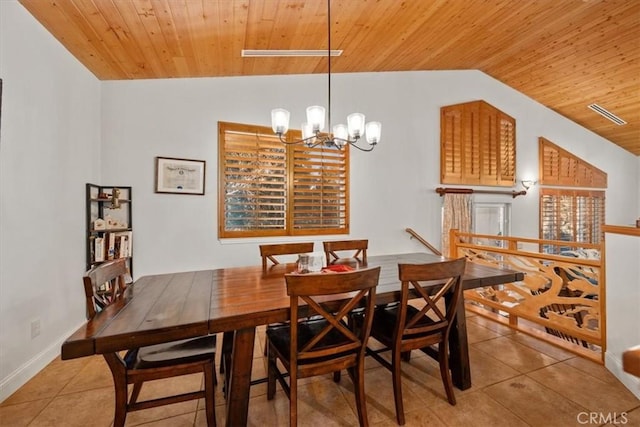 tiled dining area featuring lofted ceiling, a notable chandelier, and wood ceiling