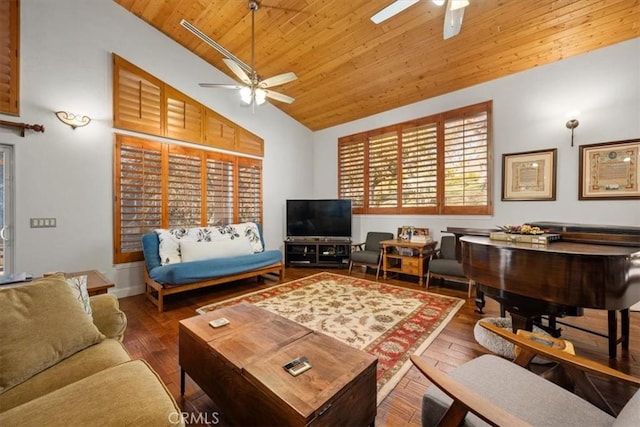 living room featuring ceiling fan, dark hardwood / wood-style floors, high vaulted ceiling, and wooden ceiling