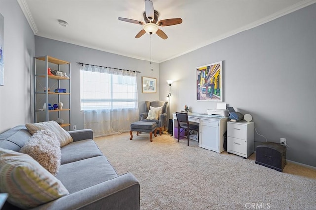 carpeted living room featuring ornamental molding and ceiling fan