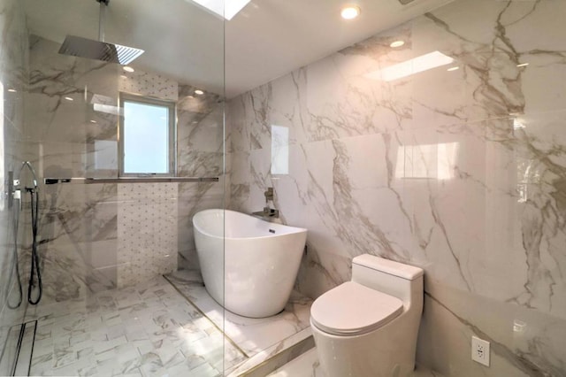 bathroom featuring shower with separate bathtub, tile walls, and toilet