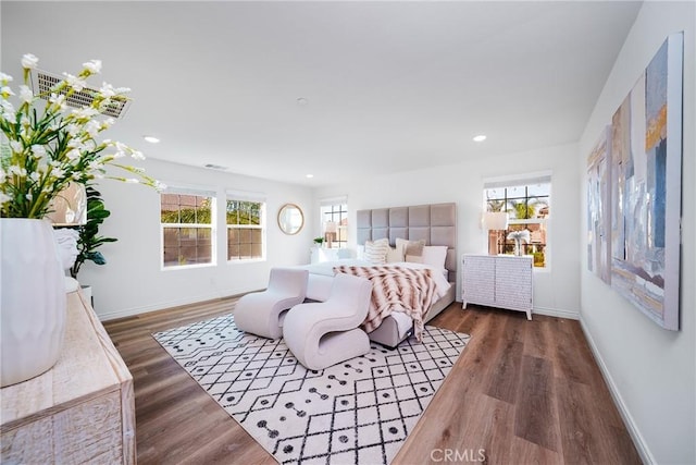 bedroom featuring multiple windows and dark wood-type flooring