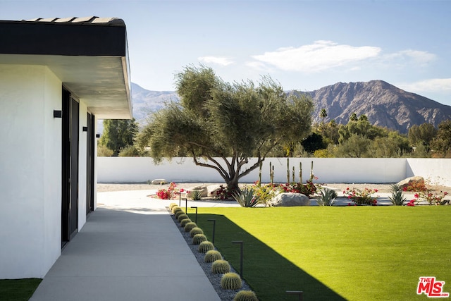 view of yard with a mountain view and a patio