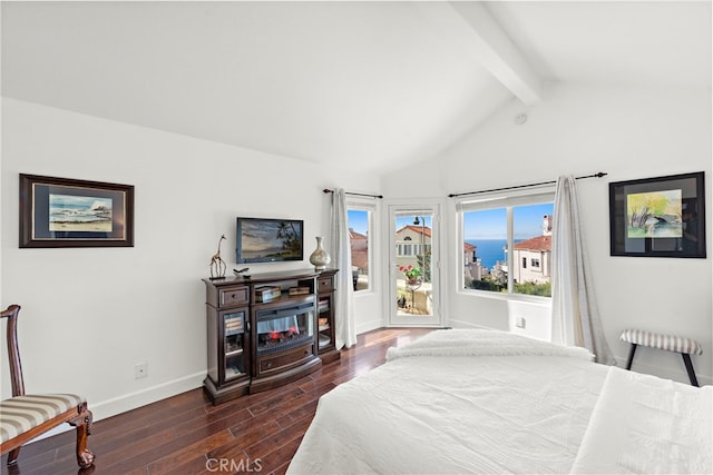 bedroom featuring dark hardwood / wood-style floors and lofted ceiling with beams