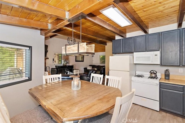 dining space featuring light hardwood / wood-style flooring, wooden ceiling, and beamed ceiling