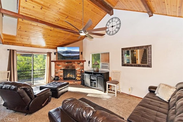 carpeted living room with wood ceiling, ceiling fan, beam ceiling, high vaulted ceiling, and a fireplace