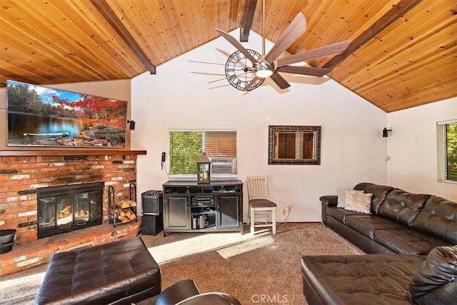 carpeted living room featuring a brick fireplace, lofted ceiling with beams, wooden ceiling, and ceiling fan