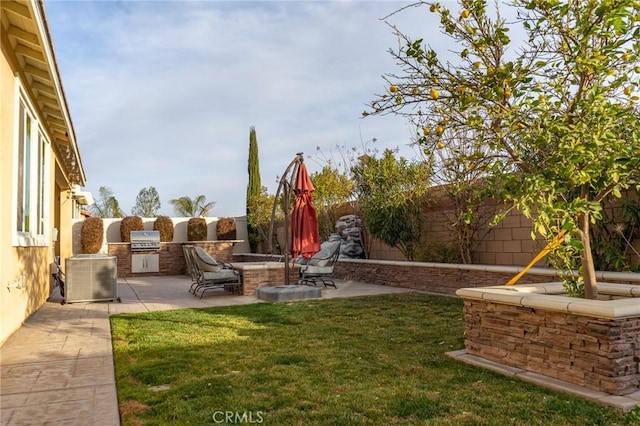 view of yard with area for grilling, a patio, and central air condition unit