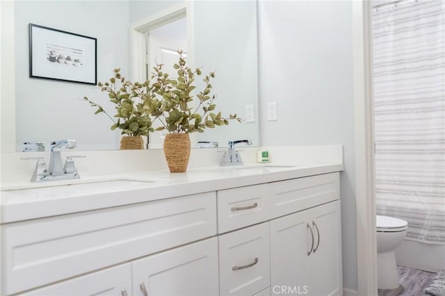 bathroom with vanity, toilet, a shower with shower curtain, and wood-type flooring