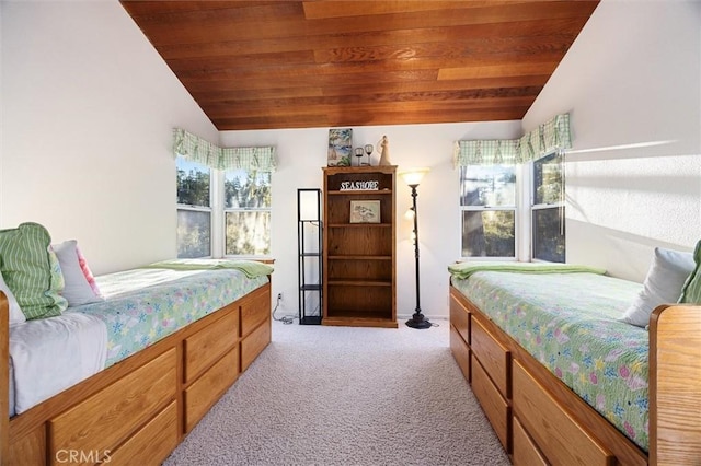 bedroom with wooden ceiling, light carpet, and vaulted ceiling