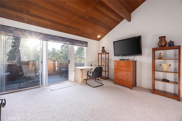 office space featuring carpet, wood ceiling, and vaulted ceiling with beams