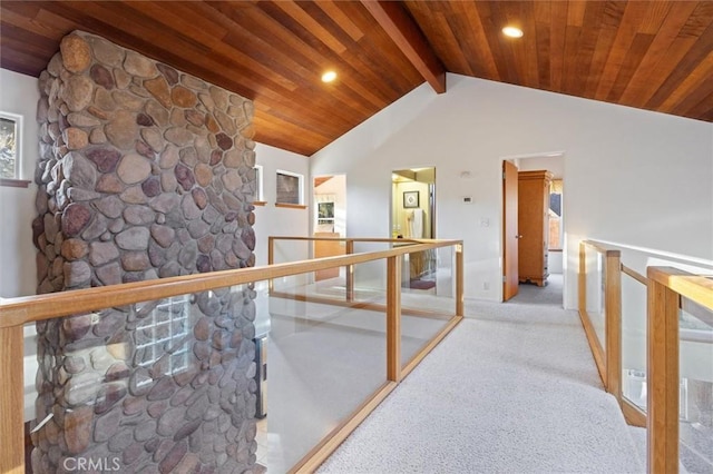 hall featuring light carpet, wooden ceiling, lofted ceiling with beams, and recessed lighting