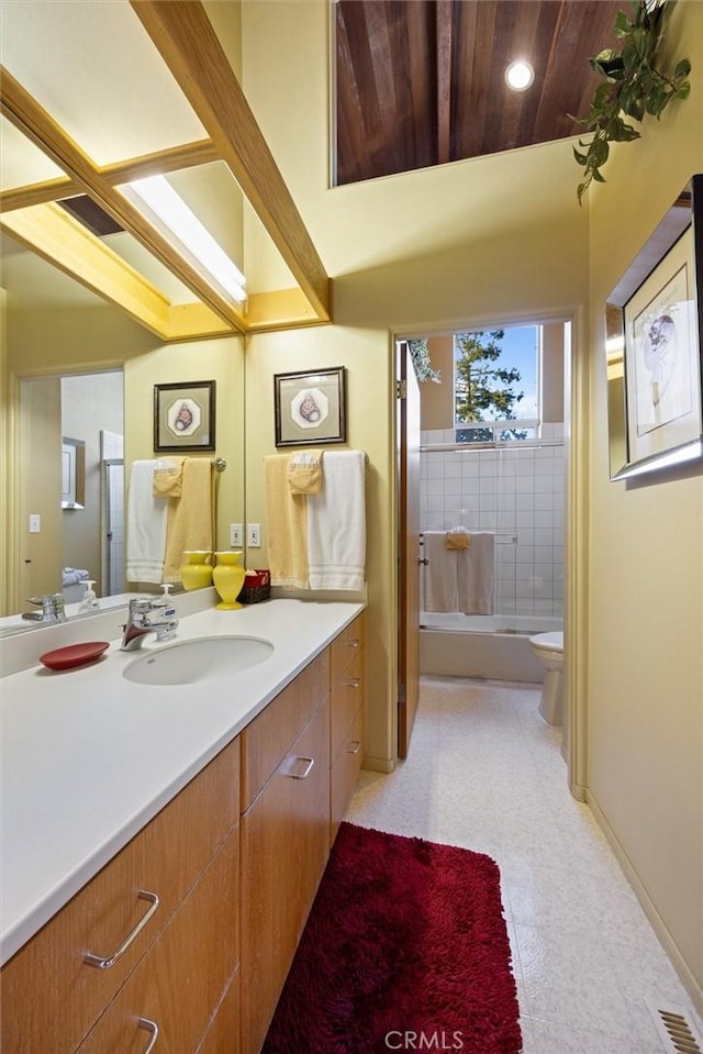 full bathroom featuring toilet, recessed lighting, visible vents, vanity, and tile patterned floors