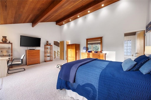 carpeted bedroom with wooden ceiling, high vaulted ceiling, beamed ceiling, and recessed lighting