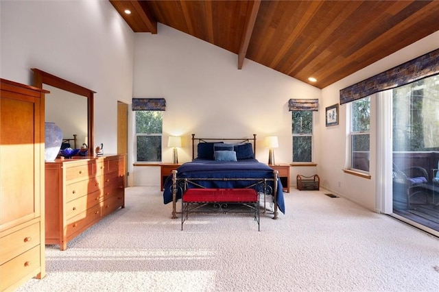 bedroom featuring carpet, recessed lighting, wood ceiling, access to outside, and beamed ceiling