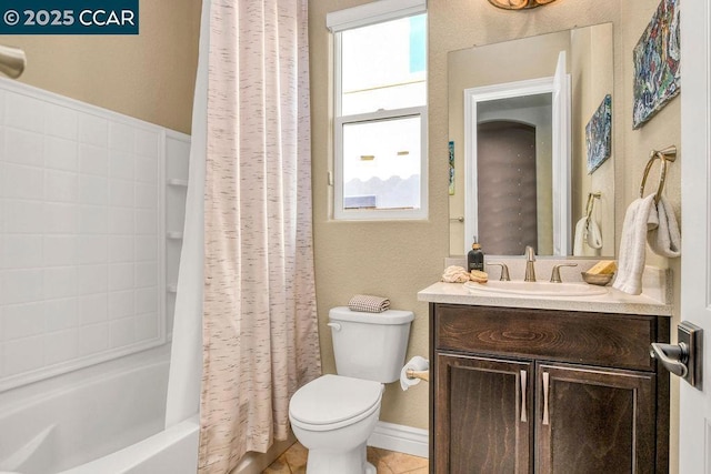 full bathroom with shower / bathtub combination with curtain, vanity, and toilet