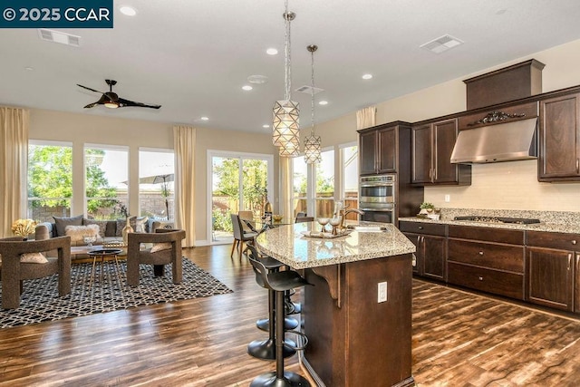 kitchen featuring appliances with stainless steel finishes, a kitchen island with sink, light stone counters, ventilation hood, and decorative light fixtures