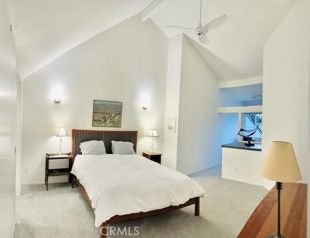 bedroom with high vaulted ceiling, beam ceiling, light colored carpet, and ceiling fan