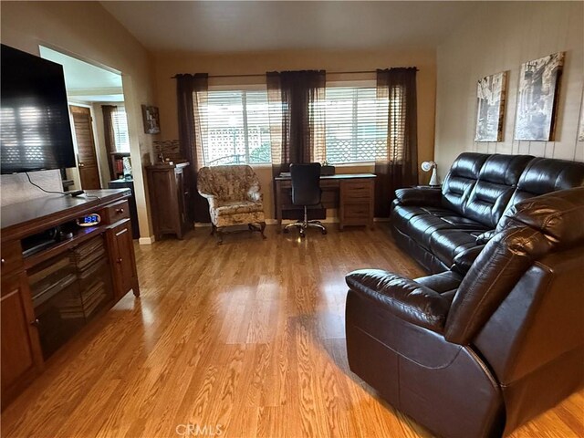 living room with lofted ceiling and light wood-type flooring