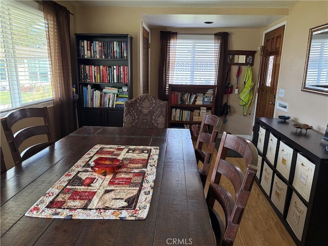 dining area featuring plenty of natural light and dark hardwood / wood-style flooring