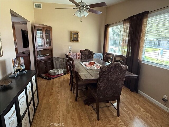 dining room with a wealth of natural light, light hardwood / wood-style flooring, and ceiling fan