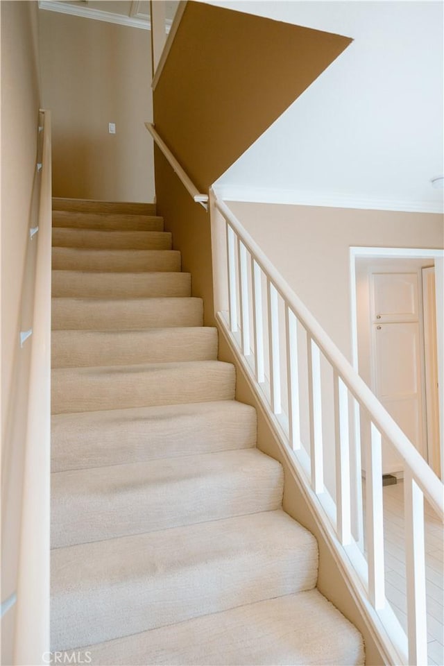 staircase featuring crown molding