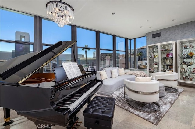 interior space featuring plenty of natural light and a chandelier