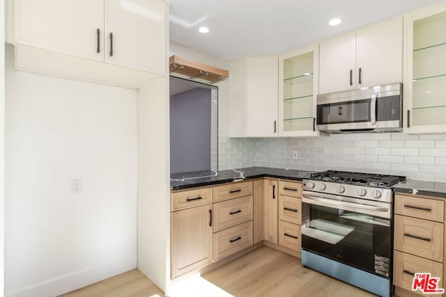 kitchen featuring stainless steel appliances, light hardwood / wood-style flooring, and decorative backsplash