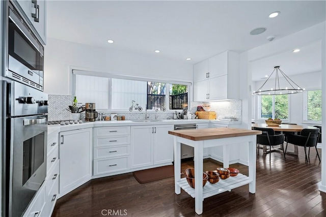 kitchen with white cabinetry, backsplash, decorative light fixtures, and stainless steel appliances