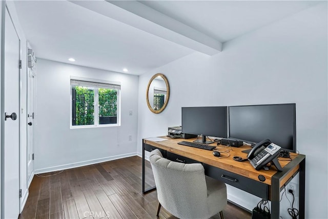 office area with beamed ceiling and dark hardwood / wood-style flooring