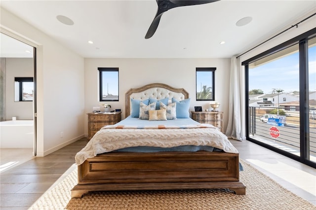 bedroom with access to outside, ceiling fan, and light hardwood / wood-style flooring