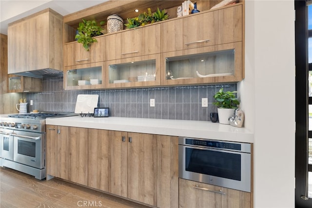 kitchen featuring tasteful backsplash, appliances with stainless steel finishes, custom range hood, and light hardwood / wood-style flooring