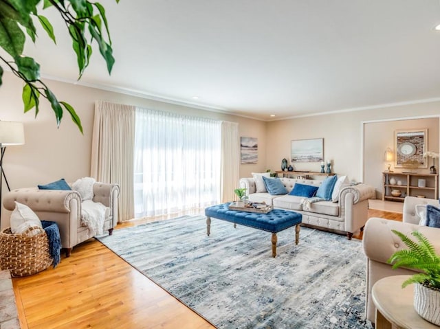 living room featuring ornamental molding and wood-type flooring