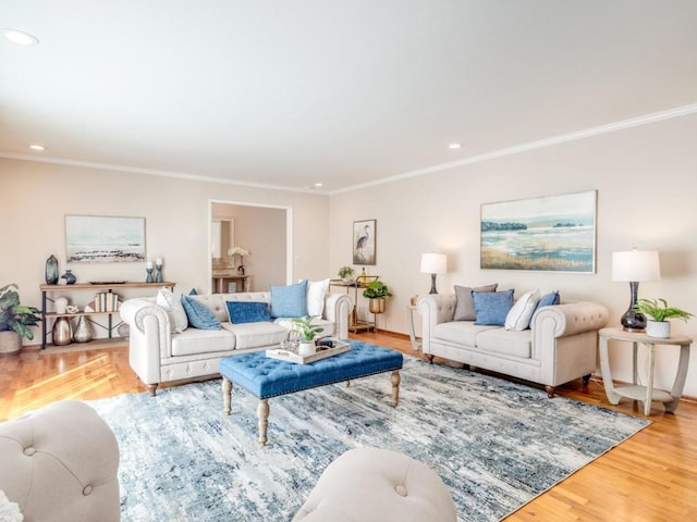 living room featuring crown molding and hardwood / wood-style floors