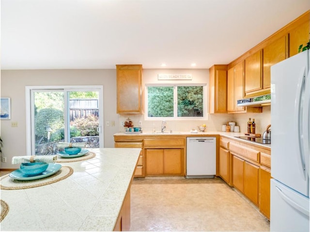 kitchen featuring tasteful backsplash, white appliances, sink, and exhaust hood