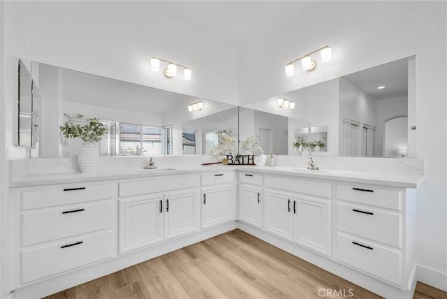 bathroom with hardwood / wood-style flooring and vanity