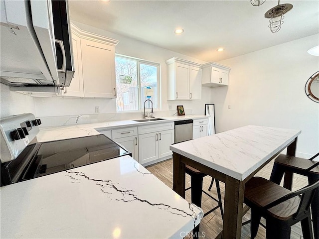 kitchen with electric range, a sink, white cabinetry, light wood-style floors, and dishwasher