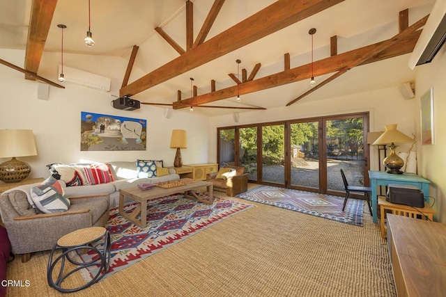 carpeted living room featuring beamed ceiling, a wall mounted AC, and high vaulted ceiling