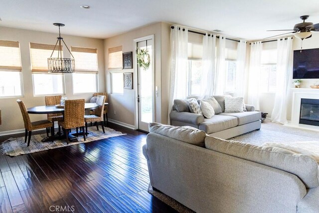 living room featuring dark hardwood / wood-style flooring and ceiling fan with notable chandelier