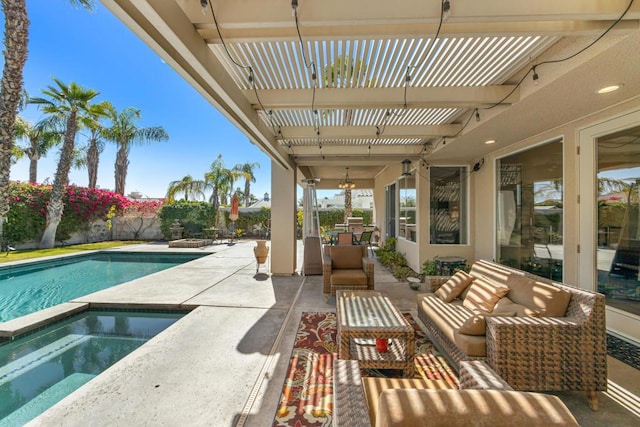 exterior space featuring an outdoor living space, a pergola, and a pool with hot tub