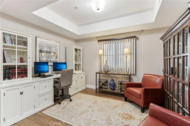 office space featuring a tray ceiling and light hardwood / wood-style flooring