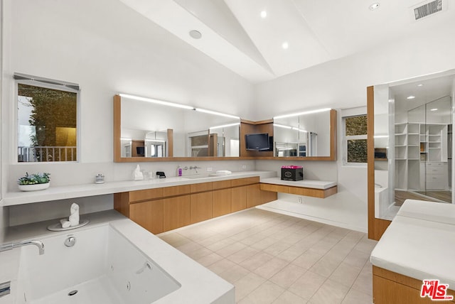 bathroom with vanity, a wealth of natural light, and vaulted ceiling