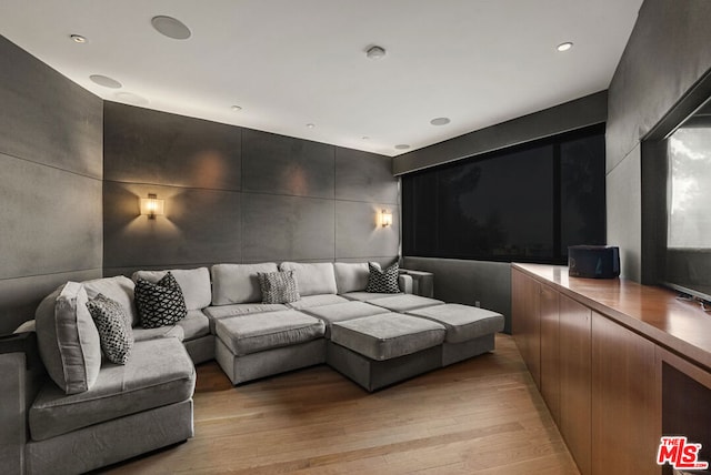 cinema room featuring light hardwood / wood-style floors