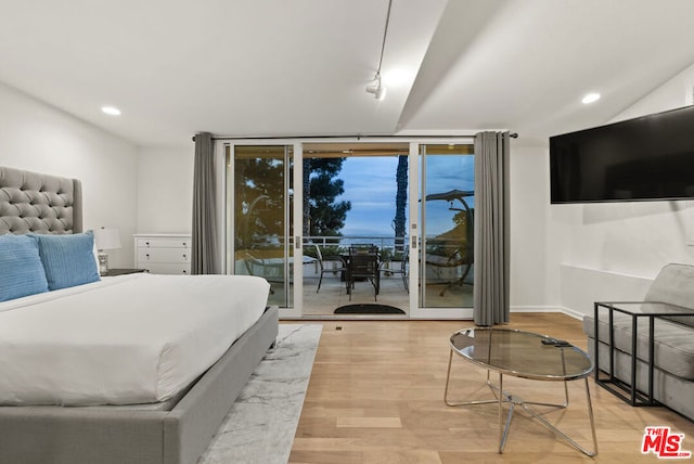 bedroom featuring access to exterior and light hardwood / wood-style flooring