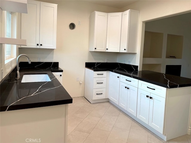 kitchen featuring white cabinetry, kitchen peninsula, sink, and dark stone countertops