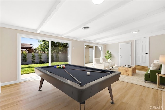 recreation room with lofted ceiling with beams, pool table, and light wood-type flooring