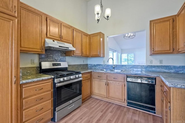 kitchen featuring sink, dishwasher, an inviting chandelier, hanging light fixtures, and gas stove