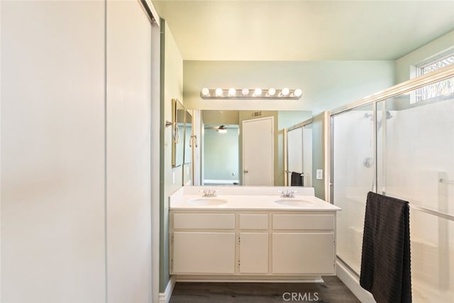 bathroom featuring vanity and a shower with door